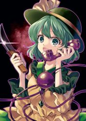 Rule 34 | 1girl, :d, black background, black hat, blouse, collar, commentary request, diamond (shape), frilled collar, frilled sleeves, frills, green eyes, green hair, hat, hat ribbon, highres, holding, holding phone, katayama kei, knife, koishi day, komeiji koishi, looking at viewer, open mouth, phone, ribbon, shirt, short hair, smile, solo, sparkle, third eye, touhou, upper body, yellow ribbon, yellow shirt