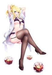 Rule 34 | 10s, 1girl, aqua eyes, arms behind head, arms up, ayase eli, bad id, bad pixiv id, bikini, black thighhighs, blonde hair, blush, bow, breasts, candle, cornpu, crossed legs, dress shirt, front-tie top, full body, garter straps, hands in hair, high heels, highres, large breasts, lipstick, long hair, love live!, love live! school idol festival, love live! school idol project, makeup, open clothes, open robe, ponytail, robe, shiny skin, shirt, solo, strap gap, swimsuit, thighhighs, transparent background, white background