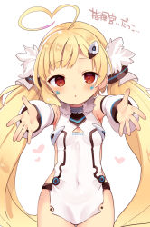 Rule 34 | 1girl, ahoge, arms up, azur lane, blonde hair, blush, breasts, covered navel, cowboy shot, detached sleeves, eldridge (azur lane), facial mark, hair ornament, hairclip, heart, heart-shaped pupils, heart ahoge, kedama milk, long hair, looking at viewer, outstretched hand, red eyes, simple background, small breasts, solo, symbol-shaped pupils, twintails, very long hair