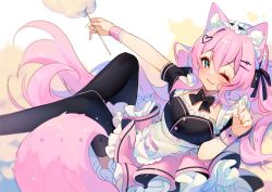 Rule 34 | 1girl, ;), animal ear fluff, animal ears, artist name, black bow, black dress, black hairband, black thighhighs, blue eyes, blush, bow, closed mouth, commentary, cotton candy, dress, english commentary, feet out of frame, food, frilled hairband, frilled shirt collar, frills, hair between eyes, hairband, hand up, heart, holding, holding food, hyanna-natsu, indie virtual youtuber, long hair, looking at viewer, momochiru, one eye closed, pink hair, pink skirt, pleated skirt, puffy short sleeves, puffy sleeves, short sleeves, skirt, smile, solo, tail, thighhighs, very long hair, virtual youtuber, watermark, wrist cuffs
