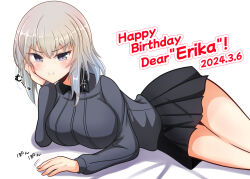 1girl blonde_hair blue_eyes blush breasts dated girls_und_panzer happy_birthday itsumi_erika kumaisao kuromorimine_school_uniform large_breasts long_hair pout school_uniform solo