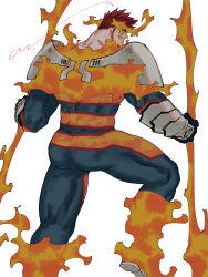 Rule 34 | 1boy, armor, ass, bad id, bad twitter id, bara, beard, blue bodysuit, bodysuit, boku no hero academia, endeavor (boku no hero academia), facial hair, feet out of frame, fiery hair, from behind, highres, holding, holding weapon, jo tuesday19, looking at viewer, male focus, mature male, muscular, muscular male, pauldrons, red hair, short hair, shoulder armor, sideburns, skin tight, solo, stubble, thick thighs, thighs, weapon