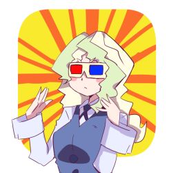 Rule 34 | 1girl, 3d glasses, blush, breasts, collared shirt, diana cavendish, hands up, hys-d, light green hair, little witch academia, long hair, long sleeves, multicolored hair, shirt, solo, two-tone hair, upper body, vest, white shirt
