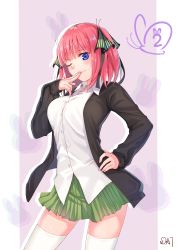 Rule 34 | 1girl, absurdres, black cardigan, black ribbon, blue eyes, blunt bangs, blush, breasts, butterfly hair ornament, cardigan, collarbone, da-cart, finger to mouth, go-toubun no hanayome, green skirt, hair ornament, hand on own hip, highres, large breasts, looking at viewer, nail polish, nakano nino, one eye closed, open cardigan, open clothes, pink hair, pink nails, ribbon, shirt, simple background, skirt, sleeves past wrists, tented shirt, thick thighs, thighhighs, thighs, twintails, white shirt, white thighhighs, zettai ryouiki