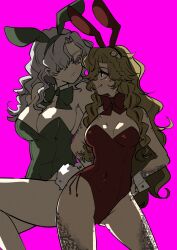 2girls :/ animal_ears backlighting bare_shoulders blonde_hair bow bowtie breasts cowboy_shot curly_hair detached_collar fake_animal_ears fang fang_out green_bow green_bowtie green_leotard hands_on_own_hips highres large_breasts leotard long_hair looking_at_another looking_to_the_side medium_breasts multiple_girls pink_background playboy_bunny profile rabbit_ears red_bow red_bowtie red_eyes red_leotard reverse:1999 scales smile strapless strapless_leotard turning_head vila_(reverse:1999) white_hair white_wrist_cuffs windsong_(reverse:1999) wrist_cuffs ziyunshanding