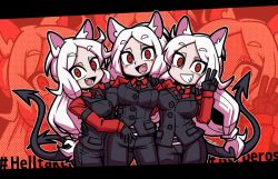 Rule 34 | 3girls, animal ears, armband, black gloves, black neckwear, black pants, black shorts, black tail, black vest, breasts, cerberus (helltaker), collared shirt, demon girl, demon tail, dog ears, dog girl, fang, fangs, formal, gloves, hands on own hips, hands up, helltaker, large breasts, long hair, long sleeves, looking at viewer, matching outfits, monster girl, multiple girls, necktie, neckwear request, open mouth, pants, red eyes, red shirt, setter (seven stars), shirt, shorts, siblings, sisters, smile, smirk, suit, tail, triplets, twins, v, vest, waistcoat, white hair