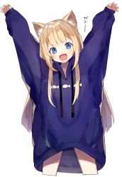 Rule 34 | &gt;:d, 1girl, :d, animal ear fluff, animal ears, animal print, arms up, blonde hair, blue eyes, blunt bangs, claw pose, fangs, fish print, hood, hood down, hoodie, legs apart, long hair, naked hoodie, open mouth, original, oversized clothes, shugao, simple background, smile, solo, v-shaped eyebrows, very long hair, white background