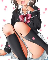 Rule 34 | 10s, 1girl, :d, black jacket, black socks, blush, bow, brown hair, collarbone, collared shirt, commentary request, cover, cover page, dr rex, fake cover, fang, feet out of frame, hand up, jacket, kishuku gakkou no juliet, kneehighs, komai hasuki, long hair, long sleeves, motion blur, open mouth, panties, petals, pleated skirt, red bow, shirt, sitting, skirt, smile, socks, solo, striped, striped bow, underwear, white panties, white shirt, white skirt