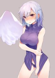Rule 34 | 1girl, asuzemu, blush, breasts, closed mouth, embarrassed, grey background, highres, kishin sagume, medium breasts, panties, red eyes, short hair, silver hair, simple background, single wing, sleeveless, solo, standing, touhou, underwear, wings