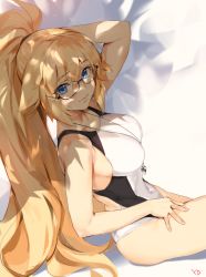 Rule 34 | 1girl, absurdres, arm behind back, arm up, artist name, bare arms, bare shoulders, black-framed eyewear, blonde hair, blue eyes, breasts, closed mouth, collarbone, competition swimsuit, covered navel, eyelashes, fate/grand order, fate (series), fingernails, from side, glasses, hair between eyes, hair flaps, hair tie, half-closed eyes, hand on lap, highleg, highleg swimsuit, highres, jeanne d&#039;arc (fate), jeanne d&#039;arc (ruler) (fate), jeanne d&#039;arc (swimsuit archer) (fate), jeanne d&#039;arc (swimsuit archer) (second ascension) (fate), large breasts, long hair, looking at viewer, one-piece swimsuit, ponytail, sidelocks, sitting, smile, solo, swimsuit, taut clothes, taut swimsuit, very long hair, whistle, whistle around neck, white one-piece swimsuit, yd (orange maru)