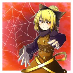 Rule 34 | 1girl, black bow, blonde hair, bow, brown dress, brown eyes, closed mouth, dress, hair bow, highres, hurin raika, kurodani yamame, long sleeves, looking at viewer, red background, short hair, silk, smile, solo, spider web, spider web background, touhou, upper body