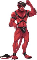 Rule 34 | 1boy, abs, bara, bdsm, beard, biceps, black hair, bracelet, bulge, chest belt, chest hair, colored skin, demon boy, demon horns, demon tail, facial hair, full body, hairy, horn grab, horns, jewelry, jockstrap, large bulge, large ears, large pectorals, leg hair, male focus, male underwear, mature male, muscular, muscular male, navel, navel hair, nipple piercing, nipple rings, nipples, original, pectorals, piercing, pointy ears, red skin, seductive smile, short hair, shuuki (kinsei), smile, solo, spiked bracelet, spikes, stomach, tail, thick eyebrows, thick thighs, thighs, topless male, tusks, underwear