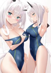 Rule 34 | 1girl, animal ears, armpits, arms behind back, arms up, blue one-piece swimsuit, blush, bow, breasts, cleavage, clothes pull, collarbone, commentary request, competition swimsuit, fox ears, fox girl, fox tail, green eyes, hair between eyes, hair bow, highres, hino kagutsuki, hololive, long hair, looking at viewer, medium breasts, one-piece swimsuit, one-piece swimsuit pull, shirakami fubuki, sidelocks, simple background, solo, swimsuit, tail, virtual youtuber, white background, white hair