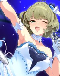 Rule 34 | 1girl, ;d, arm up, armpits, bare shoulders, bob cut, breasts, commentary request, commission, dress, green hair, holding, holding microphone, idolmaster, idolmaster cinderella girls, jewelry, looking at viewer, medium breasts, microphone, mole, mole under eye, necklace, one eye closed, open mouth, pearl necklace, skeb commission, smile, solo, starry sky bright (idolmaster), strapless, strapless dress, takagaki kaede, takato kurosuke, teeth, upper body, upper teeth only, white dress