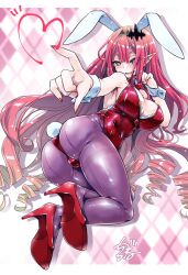 Rule 34 | 1girl, animal ears, argyle, argyle background, argyle clothes, armpit crease, ass, baobhan sith (fate), bare shoulders, blush, breasts, cleavage, covered navel, drill hair, fake animal ears, fate/grand order, fate (series), full body, grey eyes, hair ornament, hand on own cheek, hand on own face, heart, high heels, large breasts, leotard, long hair, lying, multicolored background, nail polish, on side, open mouth, outstretched arm, pantyhose, pink hair, playboy bunny, pointy ears, purple pantyhose, rabbit ears, rabbit tail, red footwear, red leotard, red nails, shirogane (cufsser), sidelocks, smile, solo, tail, thighs, wrist cuffs
