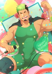 Rule 34 | 1boy, abs, bara, beard, dark skin, facial hair, flexing, happy birthday, highres, ikusaba daisuke, jacket, jacket on shoulders, large pectorals, looking at viewer, male focus, microphone, multicolored hair, muscular, open mouth, pectorals, simple background, sitting, skin tight, smile, solo, stubble, taurus mask, thighs, tokyo houkago summoners, upper body, wrestling outfit, zifu