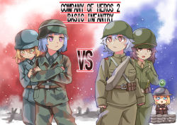 Rule 34 | 5girls, :d, :o, blonde hair, blue hair, blush, british army, brown hair, closed mouth, company of heroes, conscript infantry squad (company of heroes), german army, grenadier (company of heroes), hair between eyes, hand on another&#039;s arm, hands on another&#039;s arm, hat, helmet, infantry section (company of heroes), long sleeves, looking at another, looking back, military, military hat, military uniform, multiple girls, on floor, open mouth, original, purple eyes, red eyes, riflemen (company of heroes), sandbag, short hair, sitting, smile, soviet, soviet army, uniform, united states army, volksgrenadier (company of heroes), world war ii, yellow eyes, zhainan s-jun
