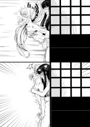 Rule 34 | 2girls, 4koma, absurdres, ahegao, arm grab, arms behind back, blush, grabbing another&#039;s breast, breasts, comic, ddok, doggystyle, finger in another&#039;s mouth, fujiwara no mokou, futa with female, futanari, grabbing, grabbing from behind, highres, houraisan kaguya, long hair, medium breasts, monochrome, multiple girls, ponytail, sex, sex from behind, simple background, smile, surprised, tongue, tongue out, touhou, white background