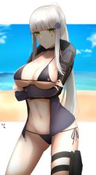 Rule 34 | 1girl, absurdres, beach, bikini, black bikini, breasts, cleavage, collarbone, crossed arms, feet out of frame, girls&#039; frontline, green eyes, hair ornament, hairclip, highres, hk416 (girls&#039; frontline), holster, jacket, large breasts, long hair, looking at viewer, navel, ocean, open clothes, open jacket, open mouth, parted lips, ponytail, purple jacket, re1kirisaki342, simple background, solo, standing, stomach, swimsuit, teardrop facial mark, teardrop tattoo, white hair