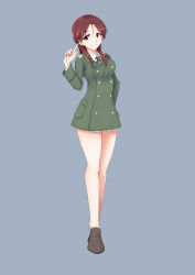 Rule 34 | 1girl, absurdres, blue background, boots, breasts, brown footwear, buttons, collared shirt, double-breasted, green jacket, hair between eyes, hand on own hip, highres, isosceles triangle (xyzxyzxyz), jacket, legs, long hair, looking at viewer, medium breasts, minna-dietlinde wilcke, pointing, pointing up, red eyes, red hair, shirt, sidelocks, smile, solo, strike witches, swept bangs, thighs, white shirt, world witches series