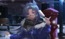 Rule 34 | 1girl, arknights, bag, bench, blue eyes, blue hair, chrix, fang (arknights), fang (cruciata) (arknights), female focus, fence, food, fur collar, glasses, highres, holding, holding bag, ice cream, looking at viewer, monster girl, night, official alternate costume, postbox (outgoing mail), scarf, shared clothes, shared scarf, shopping bag, short hair, snowing, solo, winter clothes