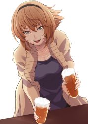 Rule 34 | 10s, 1girl, absurdres, breasts, brown hair, casual, cleavage, collarbone, drink, endou (zettai bluenoid), eyebrows, green eyes, hair between eyes, headband, highres, jacket, kantai collection, long sleeves, looking at viewer, medium breasts, mutsu (kancolle), open mouth, serving, short hair, simple background, smile, solo, table, teeth, white background