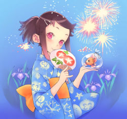 Rule 34 | 1girl, aerial fireworks, bag, blue kimono, brown hair, covering face, covering own mouth, covering privates, fireworks, fish, flower, goldfish, hair ornament, hairclip, hand fan, japanese clothes, kimono, nishieda, paper fan, pink eyes, smile, solo, uchiwa, yukata