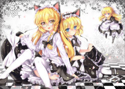 Rule 34 | 2girls, alice margatroid, animal ears, bespectacled, blonde hair, blue eyes, braid, cat ears, cat girl, doll, female focus, glasses, hairband, hat, kirisame marisa, long hair, multiple girls, north abyssor, shanghai doll, short hair, thighhighs, touhou, witch, witch hat, yellow eyes