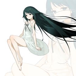 1girl barefoot bibibim33 black_ribbon dress floating floating_hair full_body green_eyes green_hair hair_flaps highres long_hair looking_at_viewer parted_lips ribbon saya_(saya_no_uta) saya_no_uta simple_background sitting sleeveless sleeveless_dress solo sundress very_long_hair white_background white_dress zoom_layer