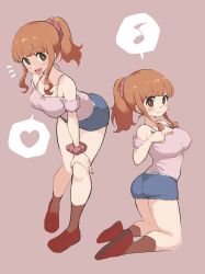 Rule 34 | 1girl, absurdres, ass, blue shorts, blush, breasts, brown eyes, cleavage, collarbone, girls und panzer, hair ornament, hair scrunchie, highres, large breasts, long hair, looking at viewer, multiple views, musical note, open mouth, orange hair, pink background, pink shirt, ponytail, scrunchie, shirt, shorts, simple background, smile, spoken musical note, takebe saori, wrist scrunchie, yabai gorilla