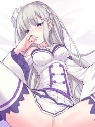 Rule 34 | 10s, 1girl, bad id, bad pixiv id, bare shoulders, blush, braid, breasts, censored, commentary request, dress, elf, emilia (re:zero), flower, hair flower, hair ornament, hair ribbon, hand to own mouth, highres, long hair, looking at viewer, lying, medium breasts, mosaic censoring, no panties, on back, parted lips, pointy ears, purple eyes, pussy, re:zero kara hajimeru isekai seikatsu, ribbon, silver hair, solo, spread legs, takeda yukimura, thighhighs, white thighhighs, wide sleeves