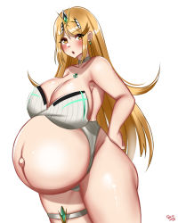 Rule 34 | 1girl, :o, absurdres, artist name, bayoshii, big belly, blonde hair, blush, breasts, choker, cleavage, clothing cutout, collarbone, cowboy shot, curvy, earrings, hair ornament, hands on own hips, highres, huge breasts, jewelry, long hair, looking at viewer, mythra (radiant beach) (xenoblade), mythra (xenoblade), nintendo, one-piece swimsuit, open mouth, outie navel, pregnant, shiny skin, sidelocks, signature, solo, standing, stomach cutout, swimsuit, thick thighs, thigh strap, thighs, very long hair, white background, wide hips, xenoblade chronicles (series), xenoblade chronicles 2, yellow eyes