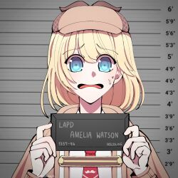 Rule 34 | 1girl, barbie mugshot (meme), blonde hair, blue eyes, bob cut, brown capelet, brown headwear, capelet, collared shirt, deerstalker, detective, hat, height chart, height mark, highres, holding, holding sign, hololive, hololive english, long sleeves, looking at viewer, meme, mugshot, necktie, onionyaa, open mouth, prison, prisoner, red necktie, shirt, short hair, short necktie, sign, upper body, virtual youtuber, watson amelia, watson amelia (1st costume), white shirt