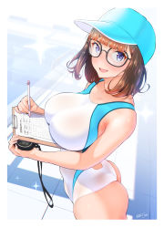 Rule 34 | 1girl, ass, back cutout, bare shoulders, baseball cap, black-framed eyewear, blue eyes, blush, breast rest, breasts, brown hair, butt crack, clothing cutout, competition swimsuit, female focus, from above, glasses, happy, hat, highres, holding, jacket, large breasts, legs, looking at viewer, medium hair, nanahime, nose blush, one-piece swimsuit, open clothes, open jacket, open mouth, original, outdoors, pool, smile, solo, standing, stopwatch, swimsuit, thighs, tile floor, tiles, two-tone swimsuit, watch, writing