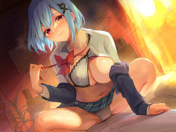 Rule 34 | 1boy, 1girl, absurdres, asmr, blue hair, blue jacket, blush, bow, bowtie, bra, breasts, cleavage, closed mouth, clothes lift, collarbone, collared shirt, cowgirl position, dutch angle, girl on top, grey bra, grey panties, hair between eyes, hair ornament, hetero, highres, indoors, jacket, large breasts, long sleeves, looking at viewer, loose bowtie, maeshimashi, navel, one breast out, open clothes, open jacket, open shirt, original, panties, plaid, plaid skirt, pleated skirt, purple eyes, red bow, red bowtie, school uniform, shirt, short hair, sitting, sitting on person, skirt, skirt lift, smile, spread legs, stomach, straddling, sunset, sweat, underwear, undressing, white shirt, x hair ornament