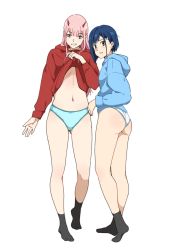 Rule 34 | 2girls, alternate costume, bare legs, blue hair, breasts, clothes lift, darling in the franxx, feet, green eyes, hair ornament, hairband, hairclip, highres, hood, hoodie, horns, ichigo (darling in the franxx), long hair, looking at viewer, medium breasts, multiple girls, navel, no shoes, oni horns, panties, pink hair, red horns, sbel02, shirt lift, short hair, socks, straight hair, underwear, white hairband, zero two (darling in the franxx)