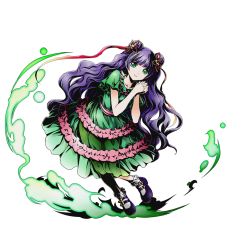 Rule 34 | 10s, 1girl, clone (divine gate), collarbone, divine gate, dress, eyebrows, floating hair, frilled dress, frills, full body, green dress, green eyes, hair ribbon, interlocked fingers, long hair, looking at viewer, official art, own hands clasped, own hands together, purple footwear, purple hair, red ribbon, ribbon, see-through, shadow, shoes, short sleeves, solo, transparent background, ucmm, very long hair