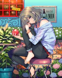 Rule 34 | 1girl, apple, bare shoulders, barefoot, belt, black footwear, black pants, blue eyes, bra, bracelet, brown hair, collarbone, day, denim, flower, food, fruit, green eyes, heterochromia, highres, holding, holding food, idolmaster, idolmaster cinderella girls, jeans, jewelry, leg lift, legs, looking at viewer, mole, mole under eye, no socks, open mouth, outdoors, pants, pants rolled up, parted lips, piromizu, plant, sandals, shirt, shoes, single shoe, sitting, sleeves rolled up, solo, striped clothes, striped shirt, takagaki kaede, toenails, toes, underwear, wall, white shirt