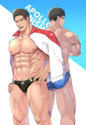 Rule 34 | 2boys, abs, ass, back, bara, black hair, black male swimwear, blue male swimwear, hands on own hips, highres, jacket, jacket on shoulders, unworn jacket, large pectorals, looking at viewer, male focus, male swimwear, multicolored clothes, multicolored jacket, multiple boys, muscular, muscular male, navel, nipples, open mouth, original, pectorals, red jacket, short hair, simple background, smile, strawberry lion, swim briefs, thick thighs, thighs, two-tone jacket, white jacket