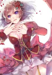 Rule 34 | 1girl, :o, artist name, artist request, back bow, blush, bow, breasts, cleavage, collarbone, cross-laced clothes, cross-laced dress, dress, female focus, flower, garter straps, hair between eyes, hair flower, hair ornament, highres, long sleeves, looking at viewer, love live!, love live! school idol project, medium breasts, nishikino maki, parted lips, petals, pink bow, pink skirt, puffy short sleeves, puffy sleeves, purple eyes, red dress, red flower, red hair, red petals, red skirt, short hair, short sleeves, skirt, smile, solo, white background, white skirt