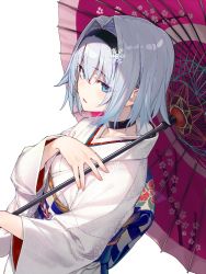 Rule 34 | 1girl, blue eyes, breasts, choker, commentary request, cover, cover page, hair between eyes, hair intakes, hairband, highres, japanese clothes, kimono, novel cover, obi, official art, oil-paper umbrella, parted lips, ryuuou no oshigoto!, sash, shirabi, short hair, silver hair, simple background, small breasts, solo, sora ginko, textless version, umbrella, white background