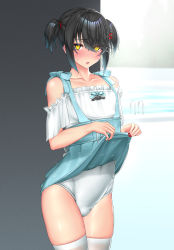 Rule 34 | 1boy, :o, absurdres, bare shoulders, black hair, blush, bulge, collarbone, crossdressing, hair ornament, hairclip, highres, karasu (jjwh2832), lifted by self, male focus, mashiro meme, nail polish, nijisanji, nose blush, pool, pool ladder, red nails, short twintails, solo, swimsuit, thighhighs, thighs, trap, twintails, virtual youtuber, white thighhighs, yellow eyes