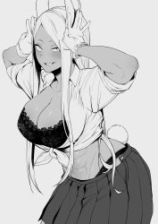 Rule 34 | 1girl, abs, absurdres, amano don, animal ears, blush, boku no hero academia, bra, breasts, cleavage, commentary request, dark-skinned female, dark skin, gloves, grey background, greyscale, highres, large breasts, looking at viewer, mirko, monochrome, rabbit ears, rabbit tail, shirt, short sleeves, simple background, skirt, smile, tail, tied shirt, underwear