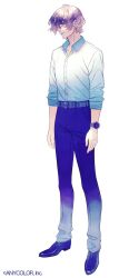 Rule 34 | 1boy, belt, black footwear, blue belt, blue pants, brown eyes, brown hair, collared shirt, copyright notice, dress shirt, ear piercing, earrings, expressionless, full body, hair between eyes, jewelry, kagami hayato, looking ahead, male focus, mochizuki jun, nijisanji, official art, open collar, oxfords, pants, parted lips, piercing, profile, shirt, shoes, short hair, shoujo rei (vocaloid), simple background, sleeves rolled up, solo, standing, virtual youtuber, watch, white background, white shirt, wristwatch