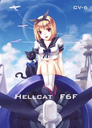 Rule 34 | 10s, 1girl, aircraft, airplane, black cat, blonde hair, bow, cat, highres, kantai collection, midriff, military, navel, original, pacific (kancolle), rainbow2319682, red eyes, short hair, solo, uniform, united states, united states navy, uss enterprise (cv-6)