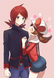 Rule 34 | 1boy, 1girl, absurdres, belt buckle, black jacket, blush, bow, brown hair, buckle, cabbie hat, closed eyes, closed mouth, commentary request, cowlick, creatures (company), game freak, grey eyes, hands up, hat, hat bow, highres, jacket, long hair, long sleeves, lyra (pokemon), nasakixoc, nintendo, overalls, own hands together, pants, pokemon, pokemon hgss, red bow, red hair, red shirt, shirt, silver (pokemon), sweatdrop, twintails, white headwear