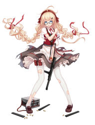 Rule 34 | 1girl, ahoge, black-framed eyewear, blonde hair, blue eyes, braid, brown footwear, bullet, carl gustaf m/45, character name, covering privates, floating hair, frilled skirt, frills, full body, girls&#039; frontline, glasses, gun, hair ornament, hair ribbon, hairband, hairclip, highres, holding, holding gun, holding weapon, long sleeves, looking at viewer, m45 (girls&#039; frontline), magazine (object), magazine (weapon), neck ribbon, official alternate costume, official art, pantyhose, parted lips, red ribbon, red vest, ribbed legwear, ribbon, semi-rimless eyewear, shirt, shoes, simple background, skirt, solo, standing, submachine gun, tamaxi, torn clothes, torn pantyhose, twin braids, under-rim eyewear, vest, weapon, white background, white pantyhose, white shirt