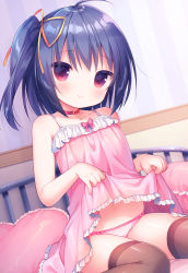Rule 34 | 1girl, bare arms, bare shoulders, bed, black hair, blush, bow, bow panties, brown thighhighs, closed mouth, clothes lift, collar, collarbone, commentary request, dress, dress lift, frilled dress, frills, hair between eyes, hair ribbon, heart, heart collar, heart-shaped pillow, lifting own clothes, looking at viewer, navel, on bed, one side up, original, panties, pillow, pink dress, red collar, red eyes, ribbon, sitting, sleeveless, sleeveless dress, smile, solo, thighhighs, underwear, usashiro mani, wariza, white panties, yellow ribbon