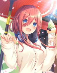 Rule 34 | 1girl, :d, bad id, bad pixiv id, blue eyes, blurry, blush, breasts, brown hair, buttons, collarbone, commentary request, day, depth of field, dress shirt, food, go-toubun no hanayome, hair between eyes, hands up, headphones, headphones around neck, holding, holding food, ice cream, large breasts, long hair, long sleeves, looking at viewer, mutsuba fumi, nakano miku, oil-paper umbrella, open mouth, outdoors, petals, shirt, sidelocks, smile, solo, sunlight, umbrella, upper body, white shirt