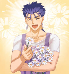 Rule 34 | 1boy, :d, apron, blue hair, bouquet, closed eyes, collarbone, cu chulainn (fate), cu chulainn (fate/stay night), daisy, earrings, fang, fate/hollow ataraxia, fate (series), flower, holding, holding bouquet, holding flower, jewelry, long hair, male focus, official alternate costume, open mouth, ponytail, purple apron, shirt, short sleeves, smile, solo, striped apron, striped clothes, suikatabetaifrom, vertical-striped apron, vertical-striped clothes, white flower, white shirt